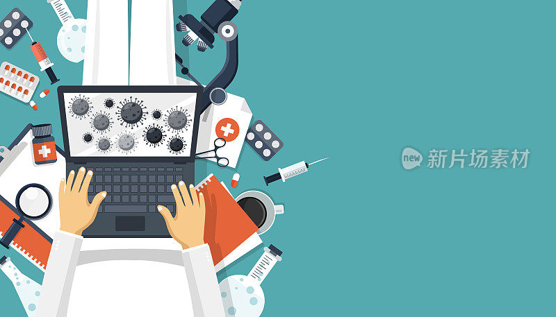 Scientist in white suit sitting on the floor and holding lap top with virus molecules on the screen. Scientist trying to find a cure concept. Flat vector illustration